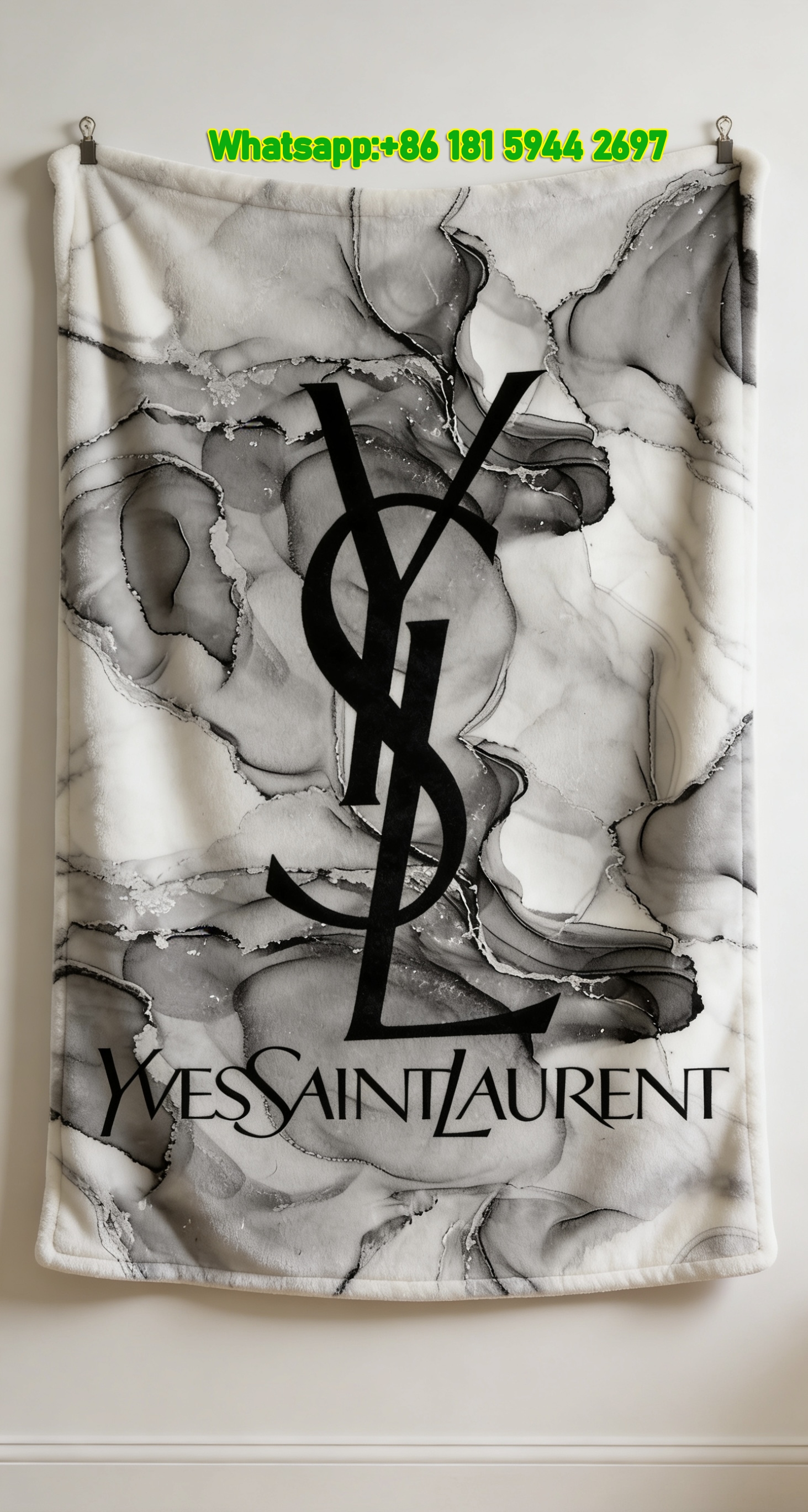 Yves Saint Laurent YSL Black Grey Marble Ink Print Flannel Sofa Throw Blanket Luxury Artistic Decor Blanket IMG_3230